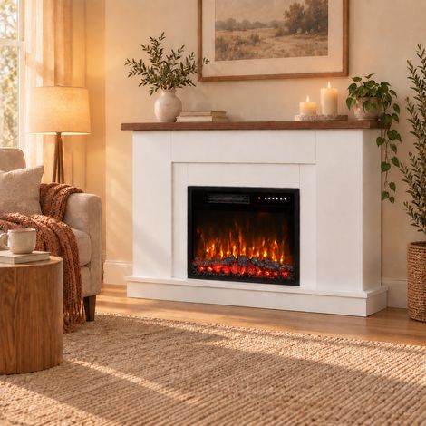 HOMAVO Cheminée électrique 23" avec meuble, 1000/2000 W, flamme 3D 12 couleurs, minuterie, télécommande