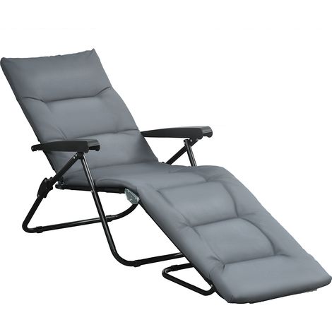 Transat inclinable 6 positions pliable avec matelas, accoudoirs en acier, polyester gris, bain de soleil pour jardin (1/5)