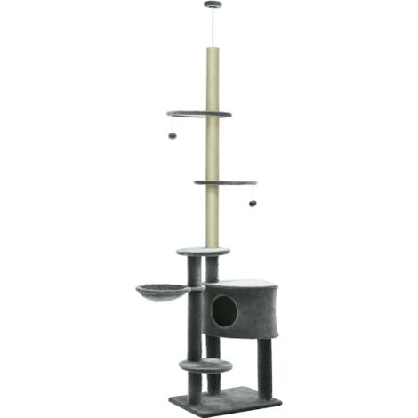 Arbre à Chat pour Grand Chat 220-265 cm, Arbre à Griffer avec Jouet Balle, Nid, Hamac, Poteau en Sisal et Plateformes, Structure Stable de Sol au Plafond, Gris Foncé (1/5)