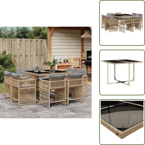Cojines para sillas - vidaXL Set comedor de jardín 9 pzas con cojines ratán sintético beige - Ratán sintético