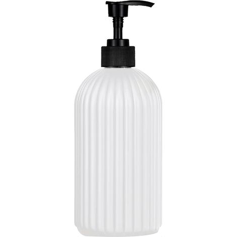 Flacon distributeur de savon noir mat pour douche, rechargeable, pour shampoing, après-shampoing et gel douche, avec étiquette en bois. (1/5)