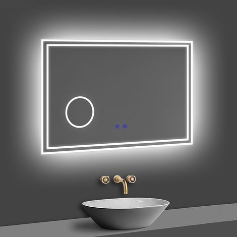 Acezanble – Miroir lumineux de salle de bain 80x60 cm – Verre 5 mm – Bluetooth – 3 couleurs LED – Fonction anti-buée – Miroir grossissant x3