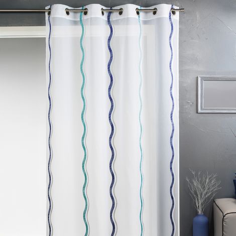 Voilage en jacquard à rayures verticales ondulées Bleu 140x260 cm
