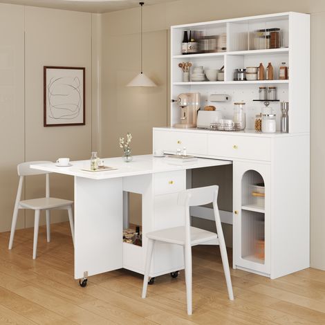 Mueble de cocina alto con encimera, función bar, 2 cajones, estante ajustable, blanco (1/5)