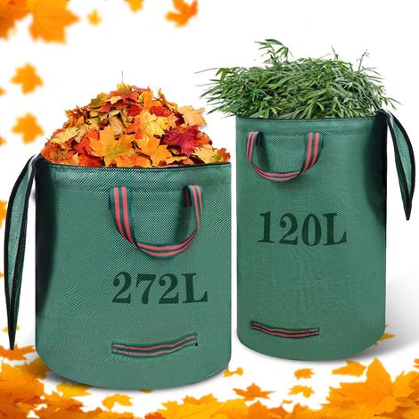 Sacs à déchets de jardin (pack de 2, 120 et 272 litres) avec couvercle et poignée, résistants et imperméables. (1/5)