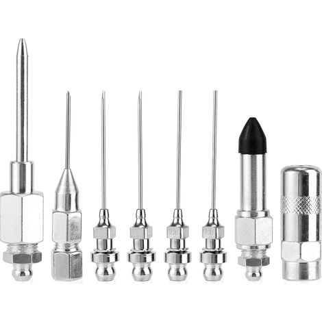 8pcs Ensemble Aiguille Pompe a Graisse, Comprenant 2 Buses d'Aiguille à Graisse Tête Pointue et à Tête Plate 1 Distributeur 1 Adaptateur de Mamelon en Caoutchouc 1 Embout 1 Coupleur de Raccord (1/5)