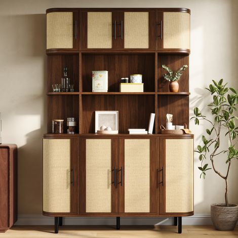 Buffet haute 120x20x180 cm, meuble de rangement avec 8 portes, façades effet rotin, Vitrine, structure MDF, pieds en métal, effet noyer
