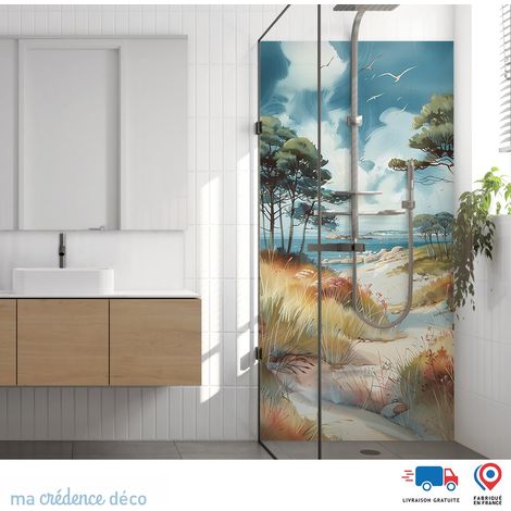 Panneau de douche : Dunes et mer lointaine - Couleur Bleu Pastel - Alu composite - 90 - 245 (1/3)