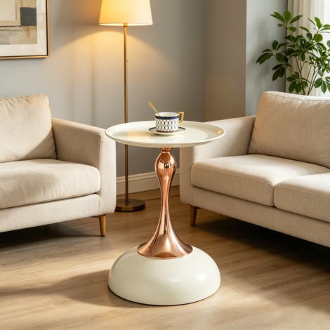 Mesa auxiliar redonda de acero al carbono blanca y dorada, 38 cm, compacta para salón y dormitorio