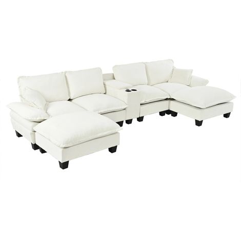 Modulare Cloud-Couch, U-förmiges Segelboot-Sofa mit Getränkehaltern & Stauraum, USB-Anschluss, 2 Ottomanen & 2 Kissen, Chenille-Bezug für Apartments & Wohnzimmer, Beige