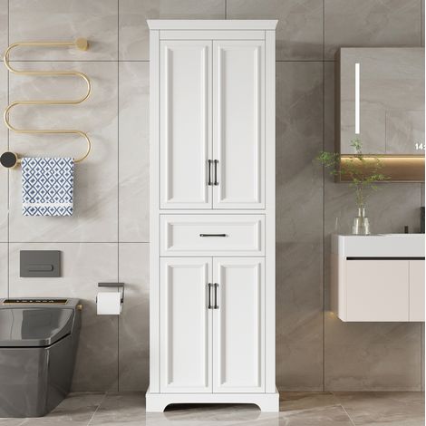 Meuble de salle de bain 60 x 40 x 180 cm en MDF blanc avec 2 portes, 1 tiroir HAVRYA (1/5)