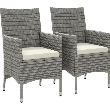 2 Pieces Rattan Garden Chairs Dining Chair Set with Cushion, Mixed Grey