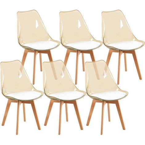 6er Set Esszimmerstühle Skandinavisch mit transparentem Braun, Holzbeinen und weißem Lederpolster (1/5)