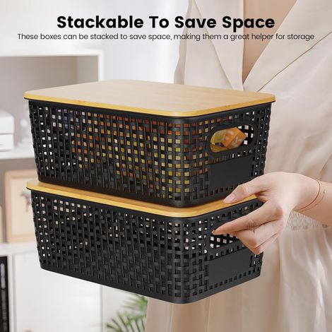 Juego de 6 cajas de almacenamiento de bambú con tapa, organizadoras para baño, cocina, armarios y hogar (Negro, 5L) (1/4)