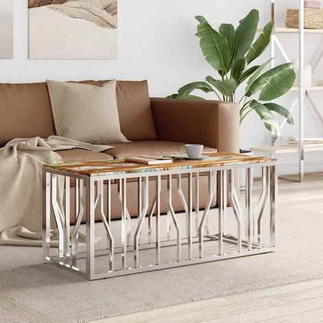 vidaXL Table basse argenté acier inoxydable/bois massif récupération (1/5)