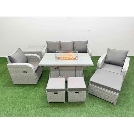 Fimous PE Rattan Garden Furniture Set Reclining Chair Sofa Lounge Sofa Set Firepit Dining Table Side Table 3 Stools Light Grey (1/4)