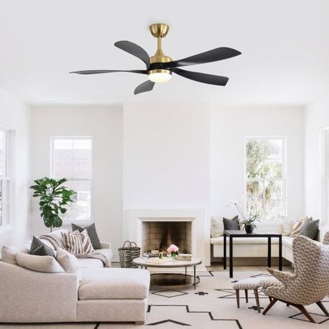Ventilateur plafond 132cm LED Dimmable Noir et Doré - Ventilateur - Moteur DC, Télécommande, 6 Vitesses, Minuterie, Été/Hiver (1/5)