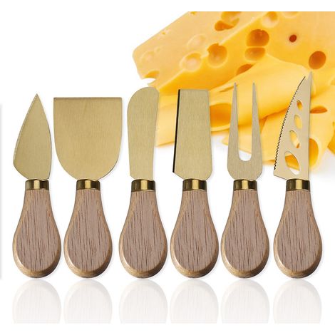 Un ensemble de 6 couteaux à fromage, avec manches en bois et lames en acier inoxydable, pour la pâtisserie et la fabrication de fromage. (1/5)