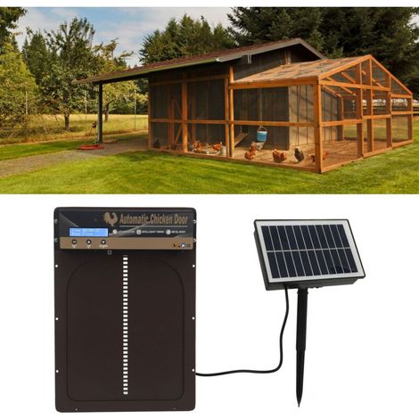 Automatische Hühnerstalltür: 3-in-1-System mit Lichterkennung, Programmierung und Fernbedienung, solar- oder batteriebetrieben, Metallrahmen und Aluminiumplatte, Abmessungen 35,3 x 24,3 cm, Farbe brau