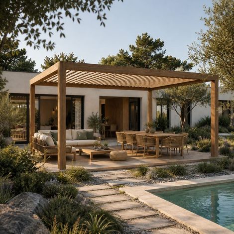 Pergola Bioclimatique Autoportante Motorisée Éclairée Aluminium 5x3,5 Aspect Bois SV ORIAL France (1/5)