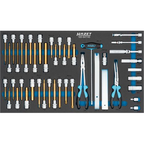 HAZET JEU D'OUTILS 163-647/45, 45 PIÈCES, AVEC DOUILLES À BOUGIE, POIGNÉE ENFICHABLE, EMBOUTS DE TOURNEVIS, PINCES, CALES DE MON
