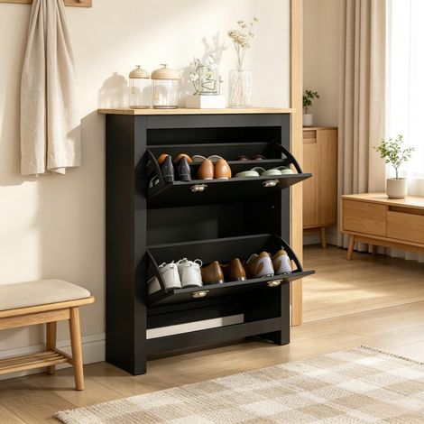 Chaussure avec 2 portes rabattables, deux compartiments et poignées métalliques en forme de coquillage, meuble de rangement à chaussures pratique pour votre entrée et vestibule (1/5)