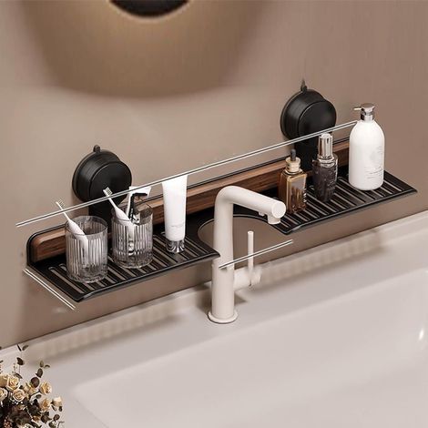 Étagère de salle de bain à ventouse en noyer, étagères de lavabo sans perçage au-dessus du robinet, support mural au-dessus du robinet de cuisine (noir, 50 cm) (1/4)