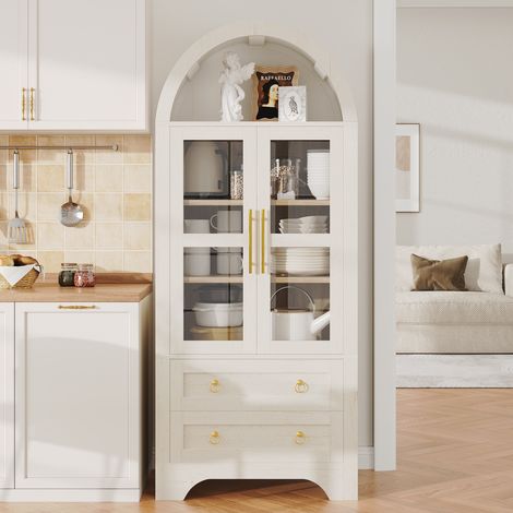 Aparador alto alacena de cocina 76.2x40x180cm - vitrina de comedor con puertas de cristal y cajones - mueble auxiliar moderno para salón - mdf - blanco (1/5)