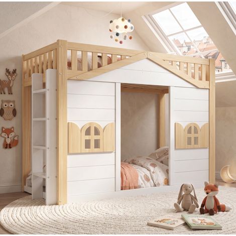 Lit mezzanine enfant 90x200 cm blanc et naturel en pin avec espace modulable et échelle réversible (1/5)