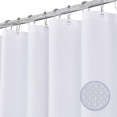 Rideau de douche gaufré, tissu polyester, lavable en machine, avec 12 crochets, imperméable, 151 x 182 cm (blanc) (1/5)
