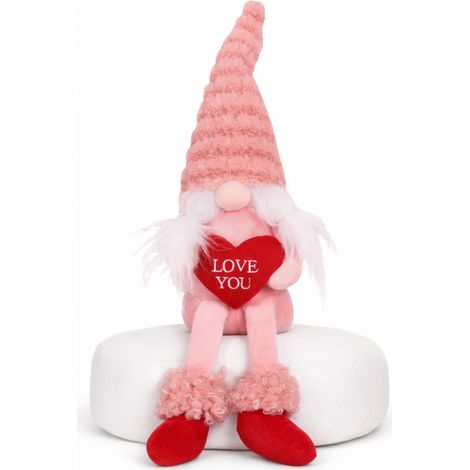 Valentinstag-Zwerg, sitzende Figur, flauschig, rosa, mit einem Herz mit der Aufschrift „LOVE YOU“ (KSN64)