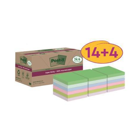 POST-IT Haftnotiz Post-it® Super Sticky Recycling Notes 76 x 76 mm (B x H) mehrfarbig 70Bl./Block 18 Block/Pack. (1/4)