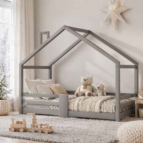 Cama infantil casa 90x200 cm con barrera anticaídas, somier de lamas rígidas, diseño con chimenea, color gris, de madera de pino, ideal para dormitorio - CHICFURN (1/5)