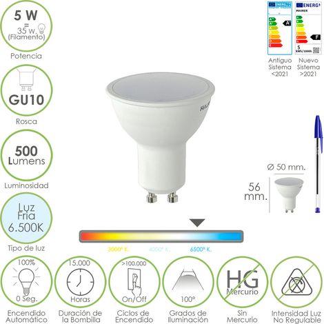 Bombilla Led Dicroica Rosca GU10. 5 Watt. Equivale A 50 Watt. 500 Lumenes. Luz Fria (6500º K)