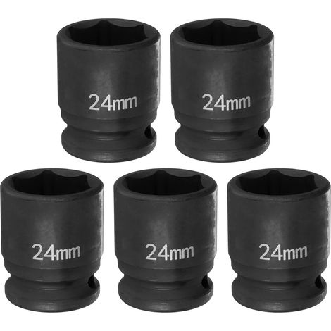5Pcs Douille à Choc 6 Points 24mm Douille Métrique 1/2" Entraînement Carré 1.65" (42mm) Long Douilles Hexagonales pour Écrous d'Axe de Broche en Acier Cr-Mo Phosphaté, Noir (1/5)