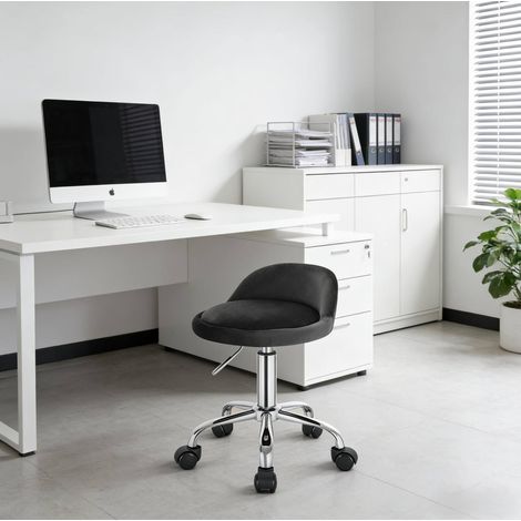 Taburete de oficina de terciopelo gris oscuro, altura del asiento 43-54,5 cm, giratorio 360°, con respaldo bajo y ruedas PU (1/5)
