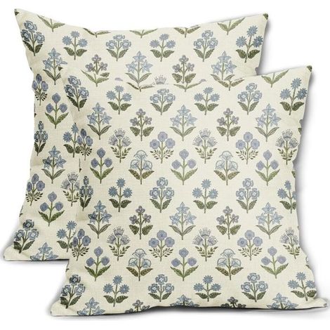Housses de coussin block print bleu vert, lot de 2 en 45x45 cm, style floral vintage bohème, pour canapé ou lit (1/4)