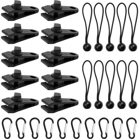 Set di 30 clip per telone, 10 robuste clip per telone con 10 cordini elastici per tenda e 10 moschettoni per tende da campeggio, nere (1/5)
