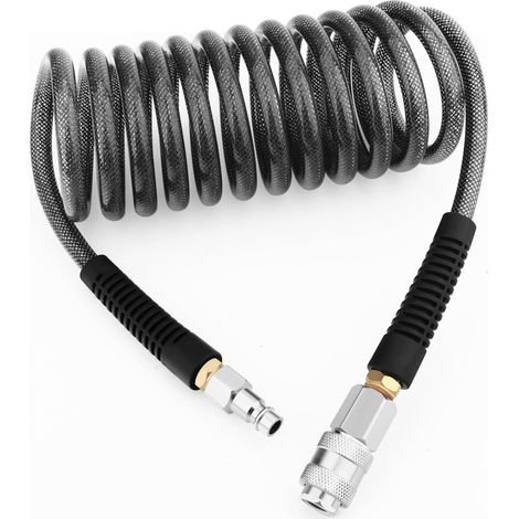 1/4" x 3m Polyurethane Recoil Air Hose 6mm With Bend Restrictor, 1/4" Europe Quick Coupler and Plug, For Air Compressor, noir (1/5)