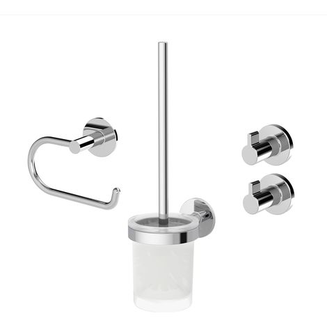 Kit d'accessoires de Salle de Bain chromé - 4 pièces - Porte-Papier Toilette, Brosse WC et Deux Crochets pour Serviettes - À Coller ou à percer - Finition de qualité supérieure (1/5)