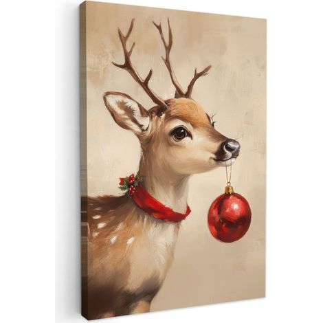 CUADRO EN LIENZO Navidad - Ciervo - Cornamenta - Bola de Navidad - Reno Decoracion Pared Salon 20x30 cm