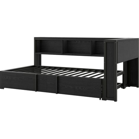 Lit de jour en métal 90 x 200 cm avec lit gigogne, rangements, LED et USB, noir (1/5)
