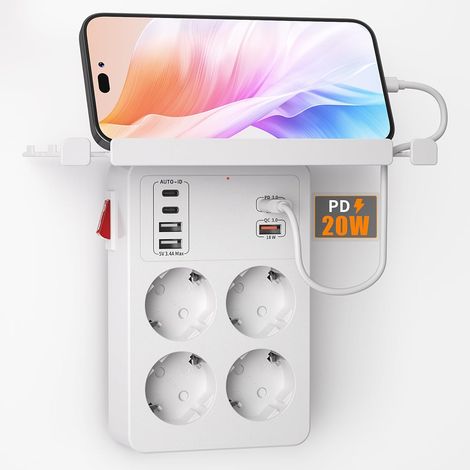 Multiprise Murale avec Interrupteur, Prise Multiple USB PD20W Charge Rapide  Multiprise 4 Prises 6 USB Port,Adaptateur Electrique avec Support de Téléphone,Prise Rotative,Pour Salon Appartement,Blanc (1/5)