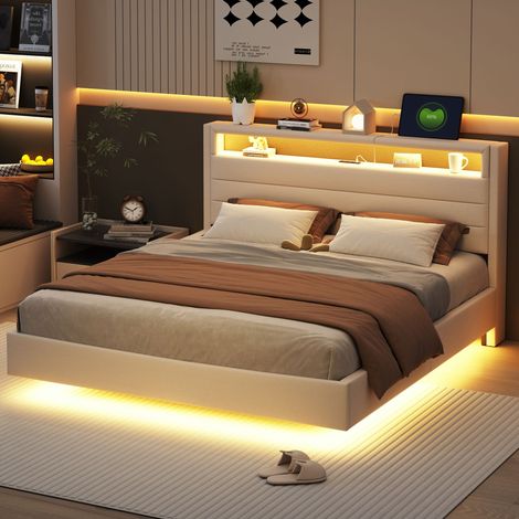 Letto matrimoniale imbottito 160x200 cm, con presa USB e illuminazione LED, testata reversibile, lino beige (1/5)