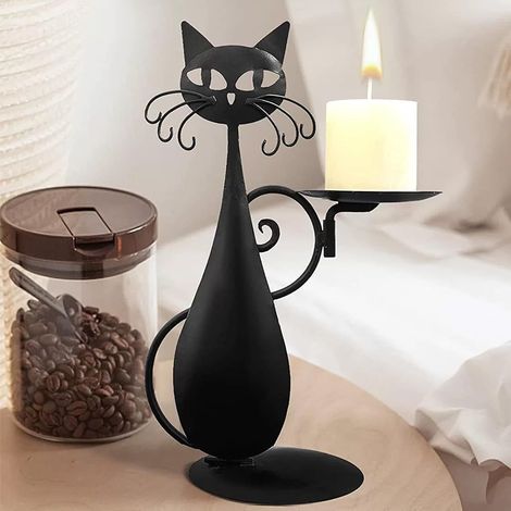 2 portavelas metálicos con forma de gato negro y plato, diseño vintage, centro de mesa de Halloween.