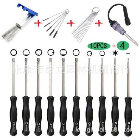 Lot de 10 tournevis pour réglage de carburateurs Walbro de petits moteurs à 2 temps de trononneuses/rotofils/etc. Husqvarna, Troy-Bilt, etc. avec trousse, brosse et kit d'outils de nettoyage (1/5)