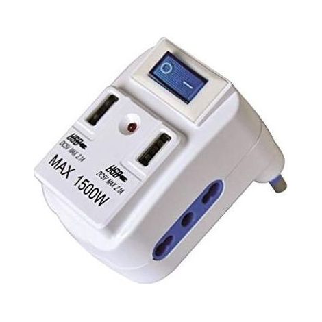 Vigor-Blinky 3508038 Adattatore con Interruttore Doppio 2 Bipasso 2 USB 16A 1500W colore Bianco