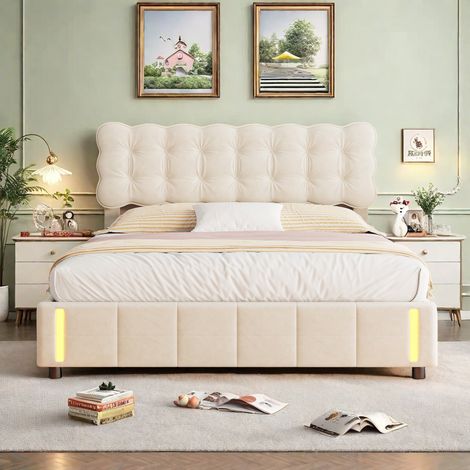 Lit coffre 140 x 190 cm, lit 140x190 avec sommier, lit double avec LED, cadre de lit, avec tete de lit, Beige, velours