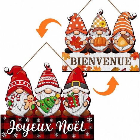 Decoration Noel à Suspendre Réversible, Christmas Decorations, Plaque en Bois 25x20x0.5cm avec Nains Joyeux Noël et Bienvenue, Deco Automne et Noel Decoration Interieur pour Porte Mur Fenêtre Maison (1/5)