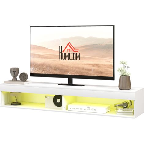 Mueble de TV mural con iluminación LED para televisores de hasta 75 pulgadas, estantes, 180 cm de largo x 40 cm de ancho x 30 cm de alto, blanco.